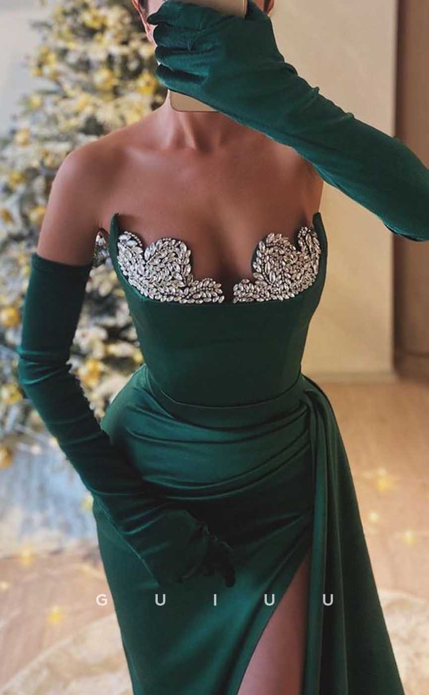 G4305 - Sexy & Hot Sheath Strapless Beaded and Draped Evening Gown Prom Dress with High Side Slit and Sweep Train