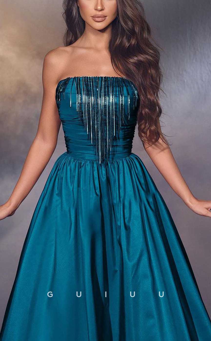 G4334 - Chic & Modern A-Line Strapless Beaded and Ruched Evening Party Prom Dress