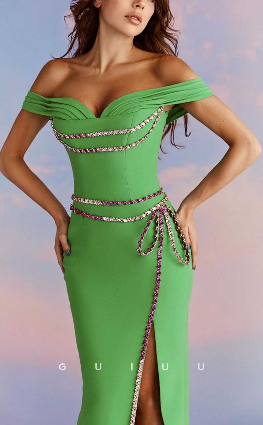 G4338 - Sexy & Hot Sheath Off Shoulder Draped and Beaded Evening Gown Prom Dress with Bows and High Side Slit