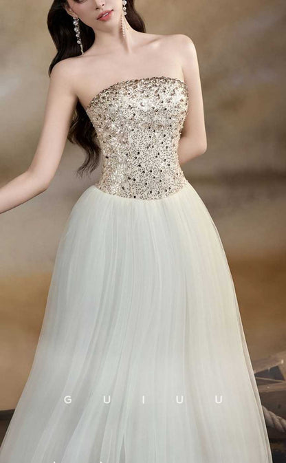 G4339 - Classic & Timeless A-Line Strapless Sequined and Beaded Evening Gown Prom Dress with Pleats and High Side Slit