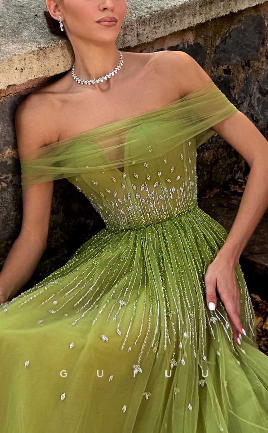 G4341 - Chic & Modern A-Line Off Shoulder Draped and Beaded Evening Gown Prom Dress with Sweep Train