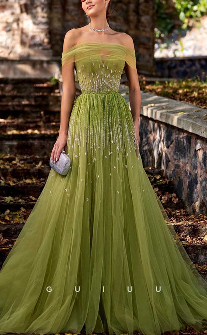 G4341 - Chic & Modern A-Line Off Shoulder Draped and Beaded Evening Gown Prom Dress with Sweep Train