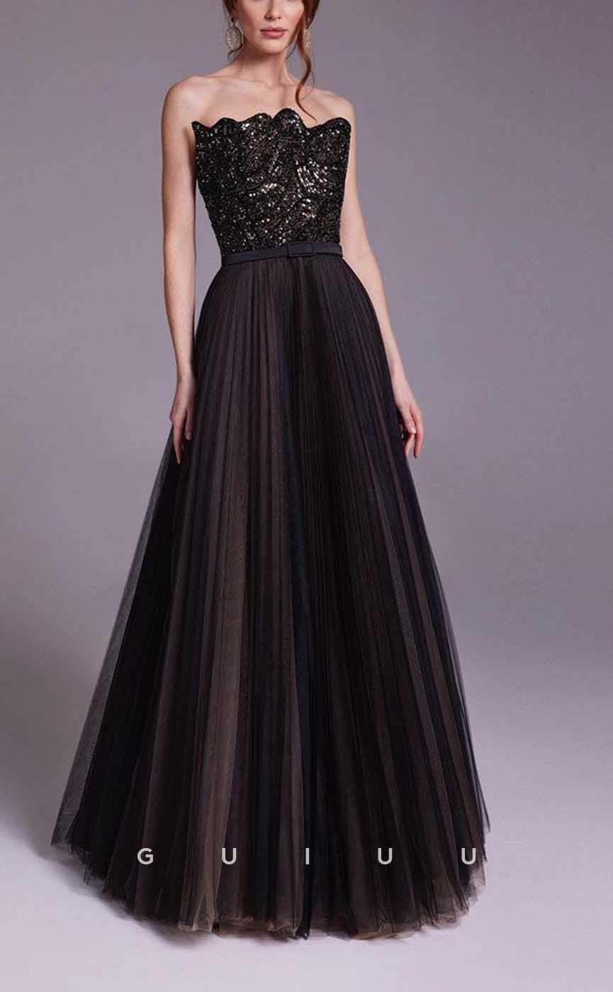 G4356 - Chic & Modern A-Line Asymmetrical Sequined and Beaded Evening Gown Prom Dress with Sash and Pleats