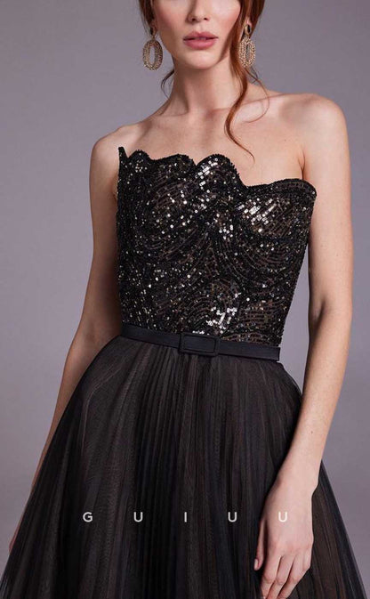 G4356 - Chic & Modern A-Line Asymmetrical Sequined and Beaded Evening Gown Prom Dress with Sash and Pleats