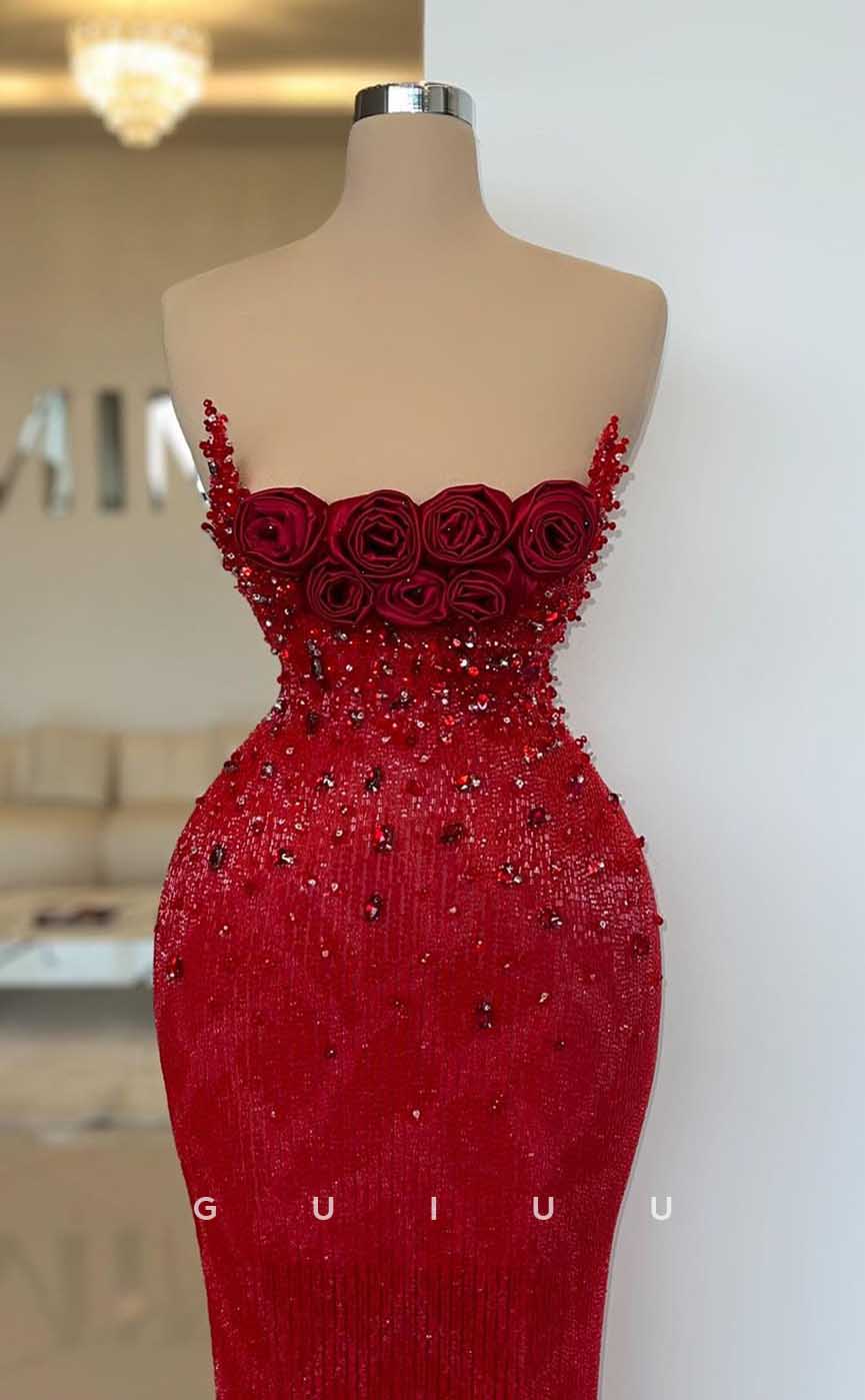 G4368 - Sexy & Hot Sheath Strapless Beaded and Floral Embossed Evening Gown Prom Dress