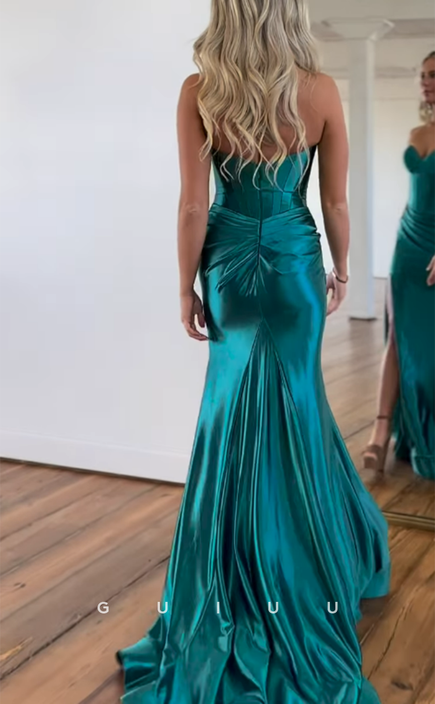 G4370 - Sexy & Hot Sheath V-Neck Draped Evening Gown Prom Dress with High Side Slit and Sweep Train