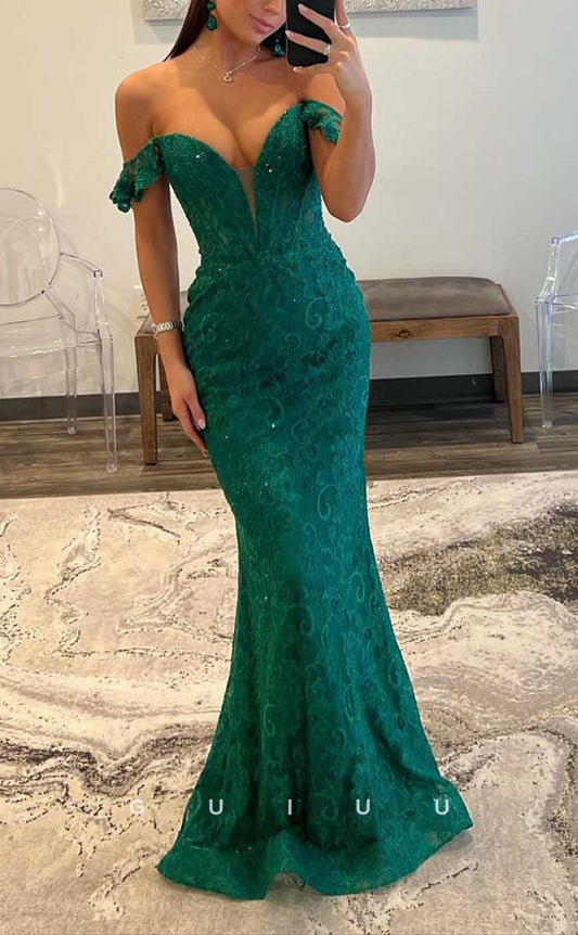 G4373 - Sexy & Hot Sheath Off Shoulder Allover Lace Draped Evening Gown Prom Dress with Beads and Ruffles