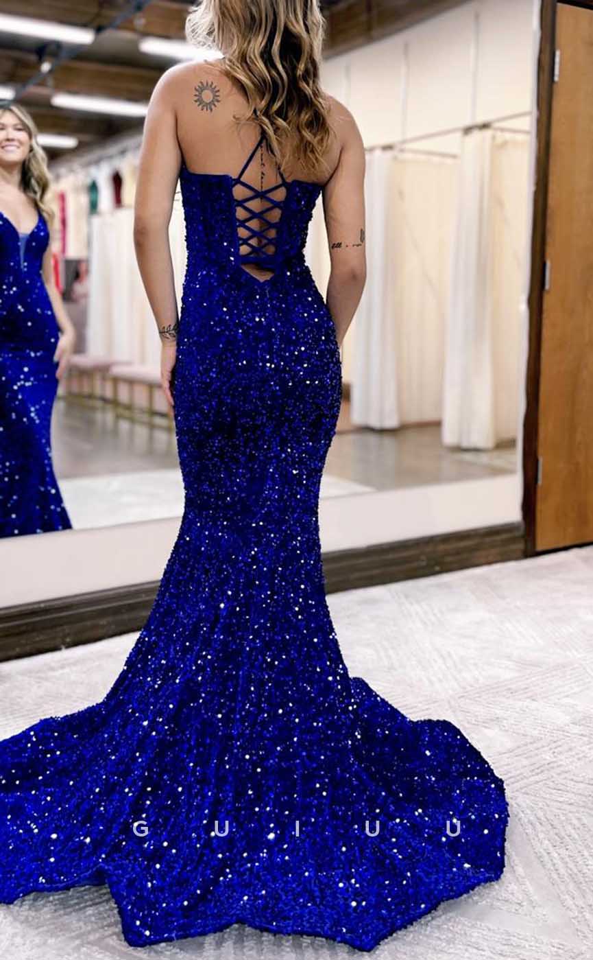 G4376 - Sexy & Hot Mermaid V-Neck Fully Sequined Evening Gown Prom Dress with Sweep Train and Lace-up