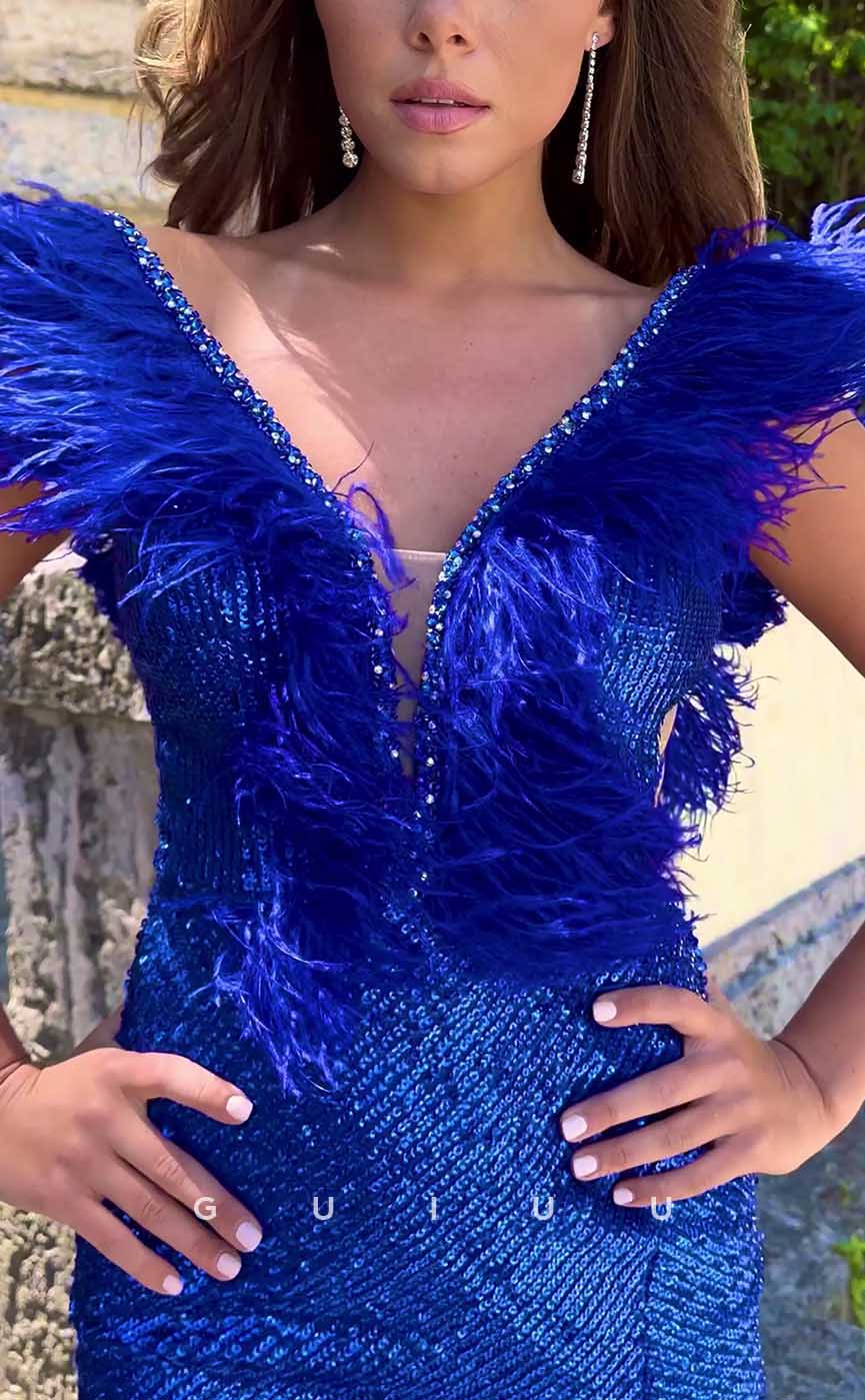 GH528 - Sexy Sheath/Column Plunging Illusion Sequins Feathers Beaded Homecoming Party Dress