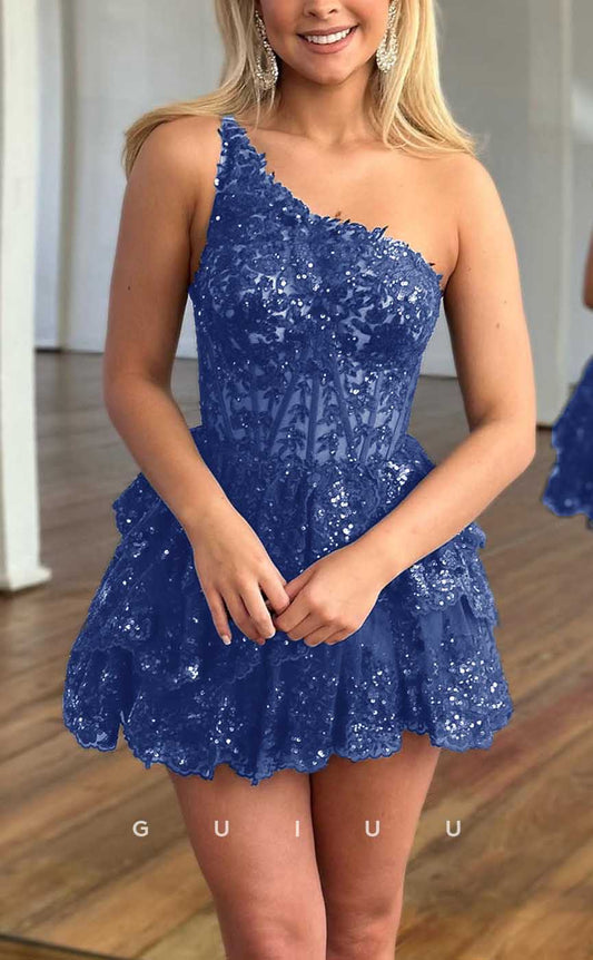 GH539 - Sexy & Hot Sequined One Shoulder Appliques Lace Royal Blue Open Back Homecoming Dress