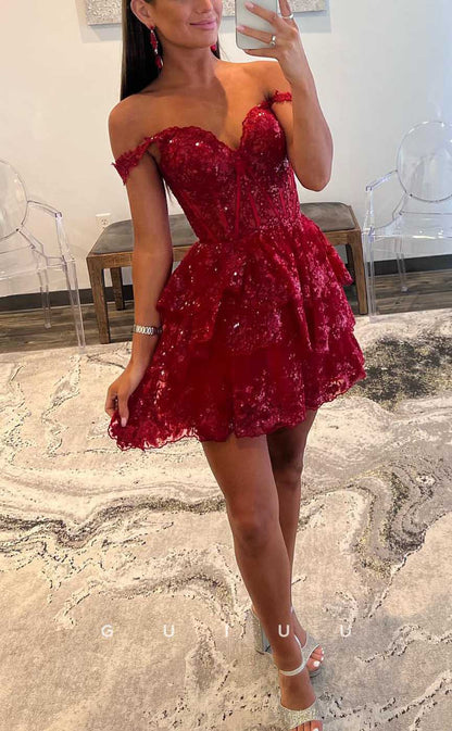 GH543 - Sexy Sheath Off-Shoulder Lace Sequins Red Sweetheart Homecoming Dress