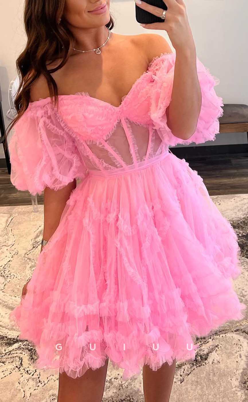 GH565 - Sexy Ball Gown Sheer Puff Sleeves Gown Sweetheart Pink Homecoming Dress