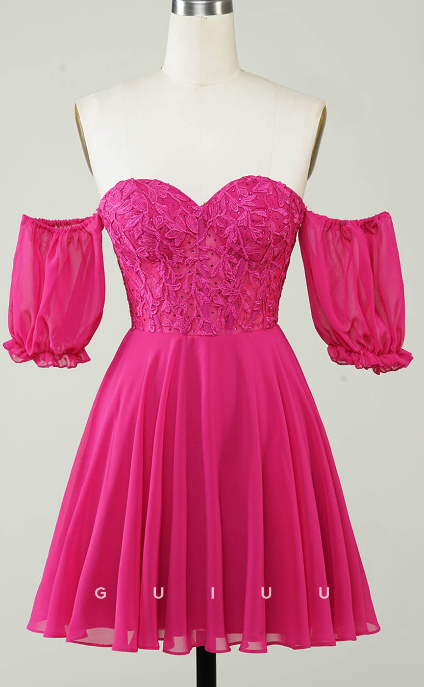 GH606 - Sexy & HotA-Line Off-Shoulder Sweetheart Appliques Open Back Homecoming Dress