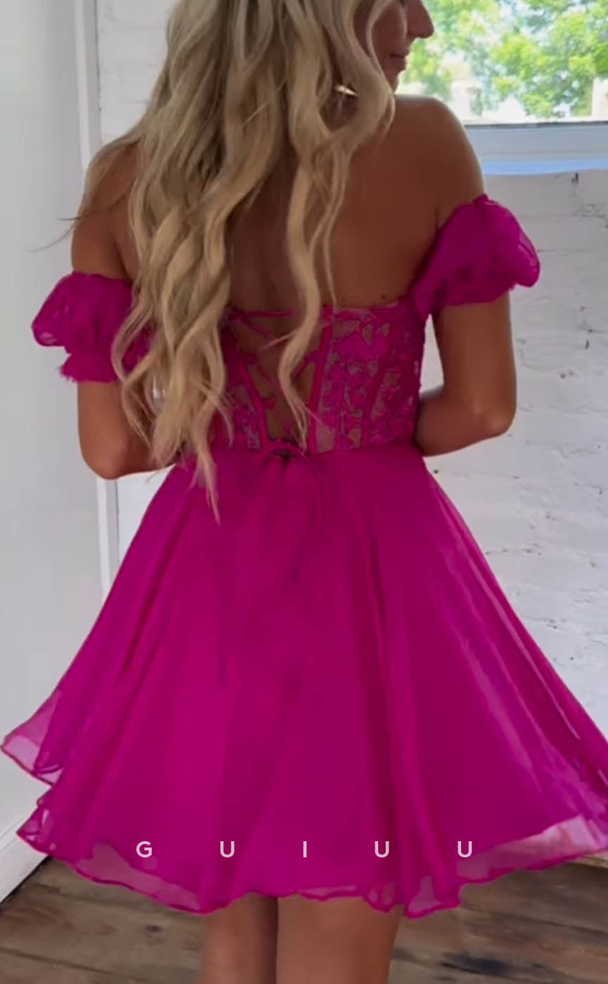 GH606 - Sexy & HotA-Line Off-Shoulder Sweetheart Appliques Open Back Homecoming Dress