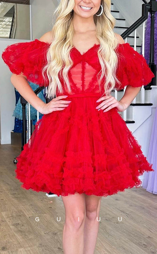 GH610 - Tulle Off-Shoulder Sweetheart Puff Sleeves Gown Open Back Red Homecoming Dress