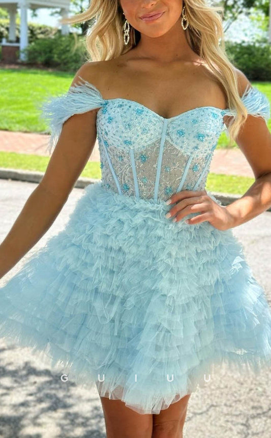GH613 - Sexy & Hot Ball Gown Sweeetheart Sheer Feather Off-Shoulder Beaded Homecoming Dress
