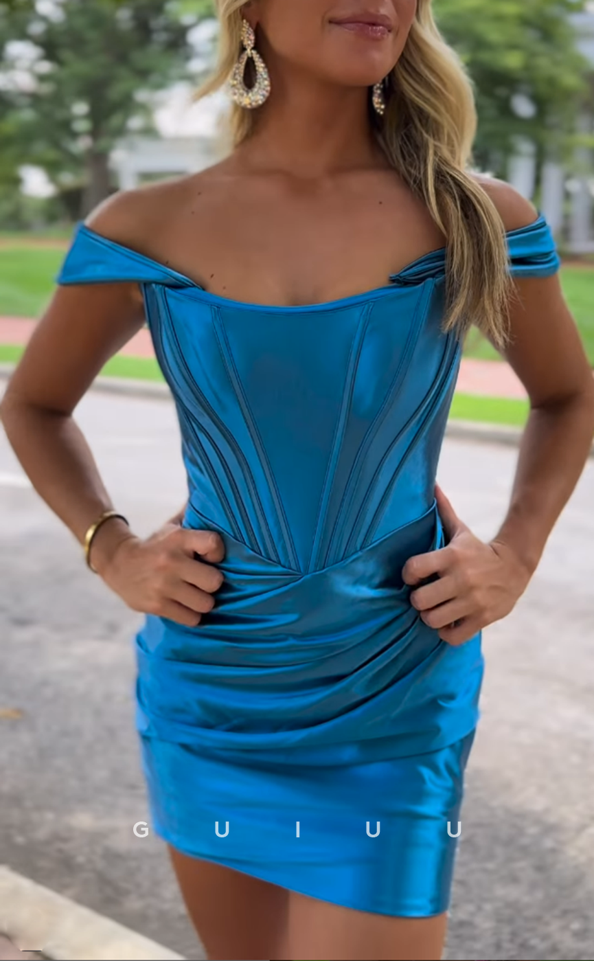 GH629 - Sexy & Hot Sheath Off-Shoulder Pleats Blue Homecomig Dress With Open Back