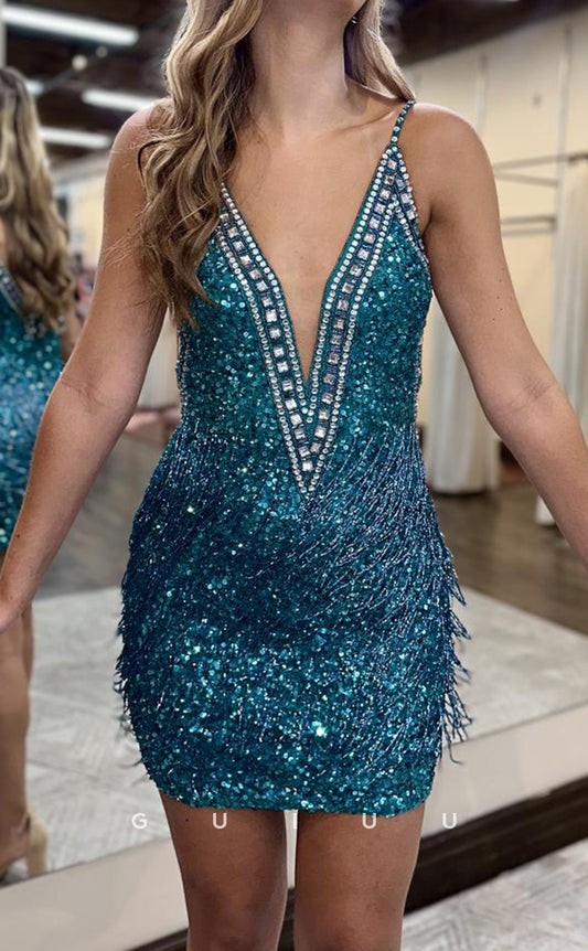 GH640 - Sexy Hot Deep V-Neck Sequins Beaded Fringed Homecoming Dress