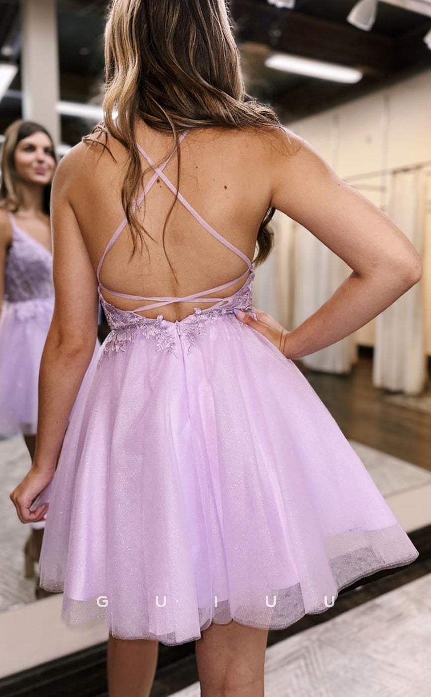 GH649 - Sexy Hot Tulle Applique Sheer Ball Gown Homecoming Dress With Backless