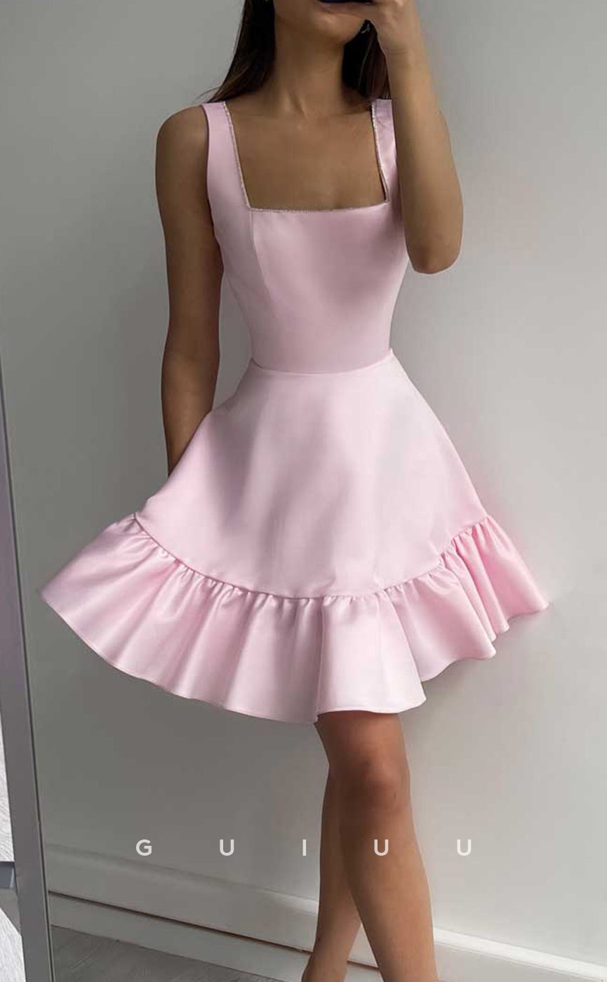 GH661 - Simple A-Line Satin Straps Square Homecoming Dress