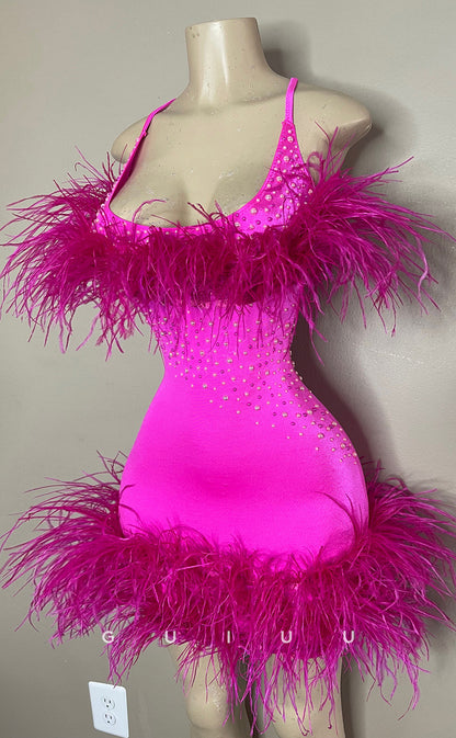 GH712 - Sexy & Hot Halter Stretch Satin Beaded Feather Short Homecoming Dress