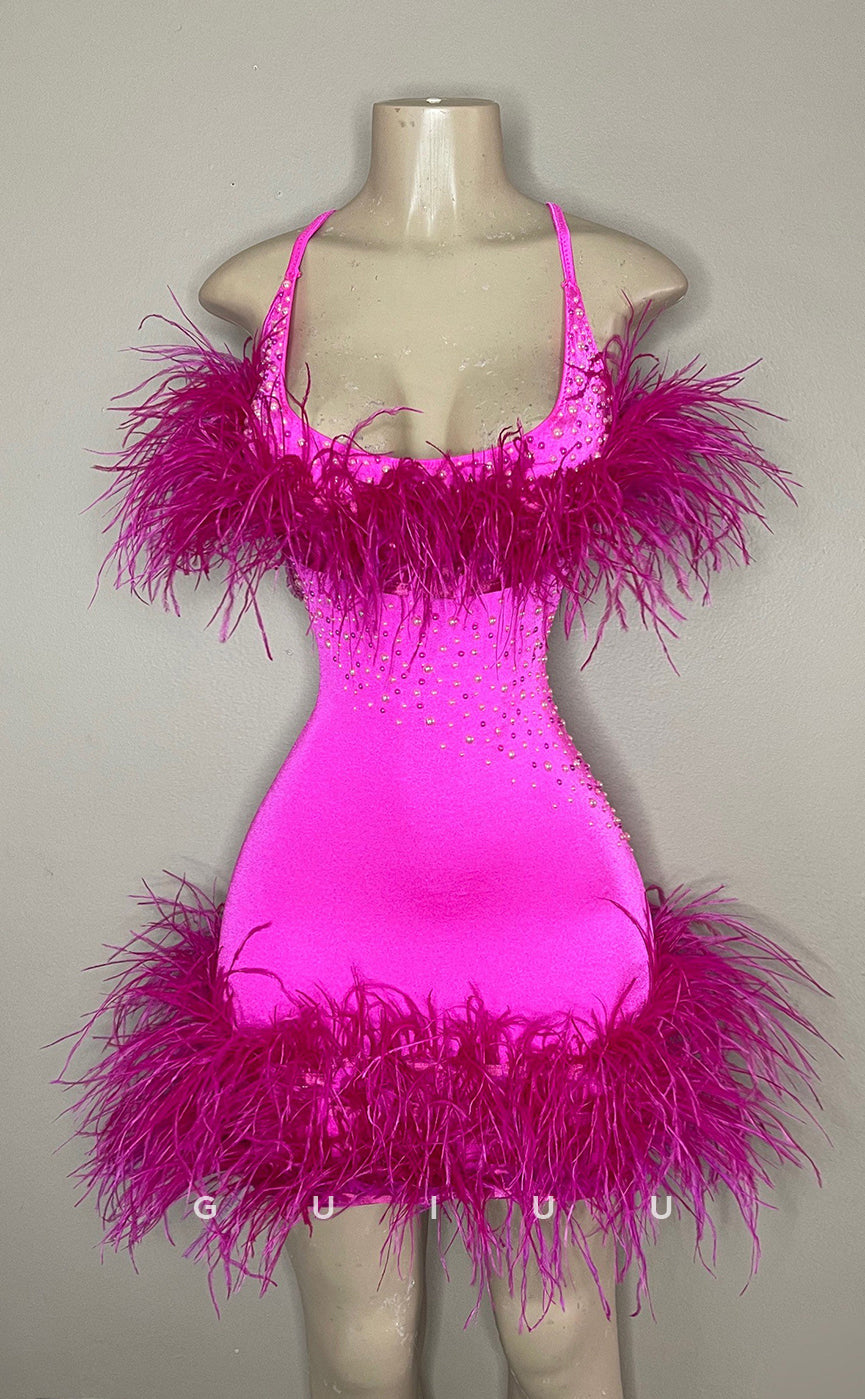 GH712 - Sexy & Hot Halter Stretch Satin Beaded Feather Short Homecoming Dress