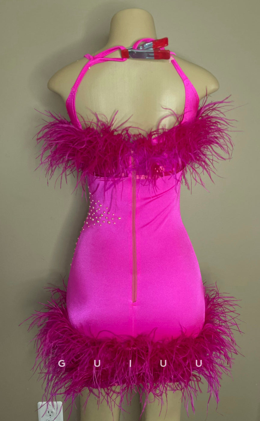 GH712 - Sexy & Hot Halter Stretch Satin Beaded Feather Short Homecoming Dress