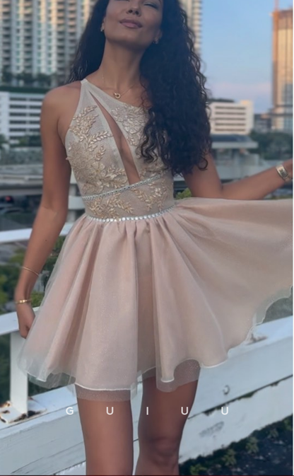 GH722 - Classic A-Line One Shoulder Applique Shimmer Short Homecoming Dress