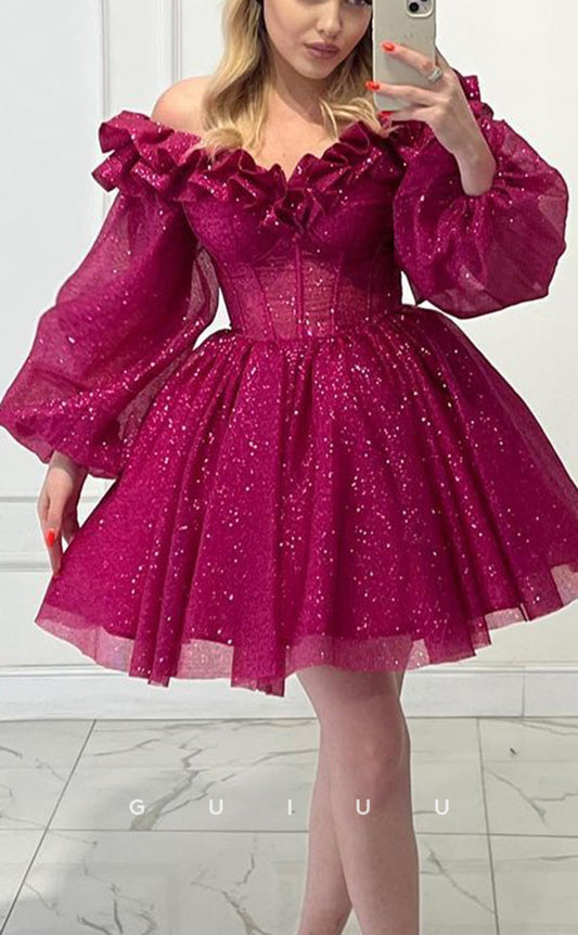 GH728 - Elegant & Luxurious Off-Shoulder Glitter Ball Gown Short Homecoming Dress