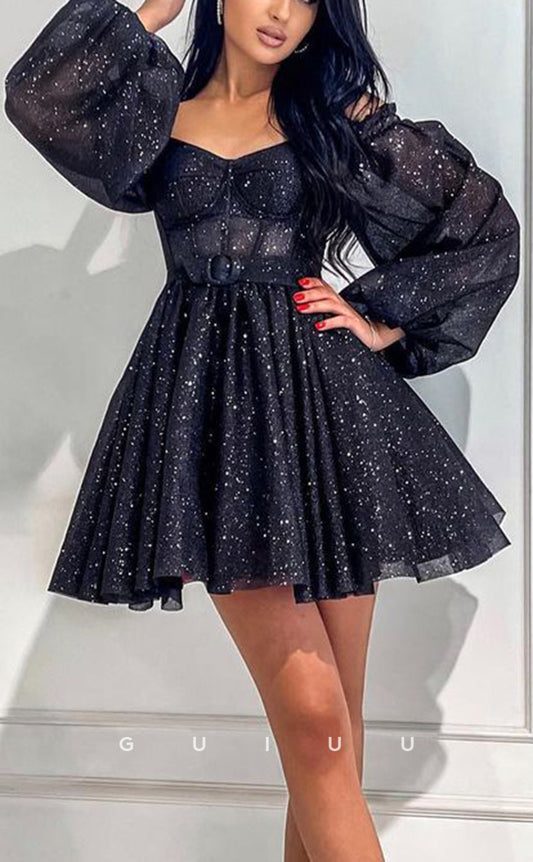 GH730 - Sexy Classic Off-Shoulder Glitter Tulle Puffy Short Homecoming Dress