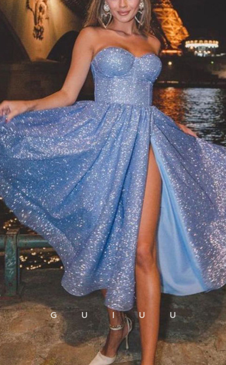 GH740 - Elegant Sweetheart Strapless Glitter Long Homecoming DressWith Slit