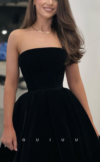 GH745 - Simple Classic A Line Black Velvet Strapless Long Party Homecoming Dress