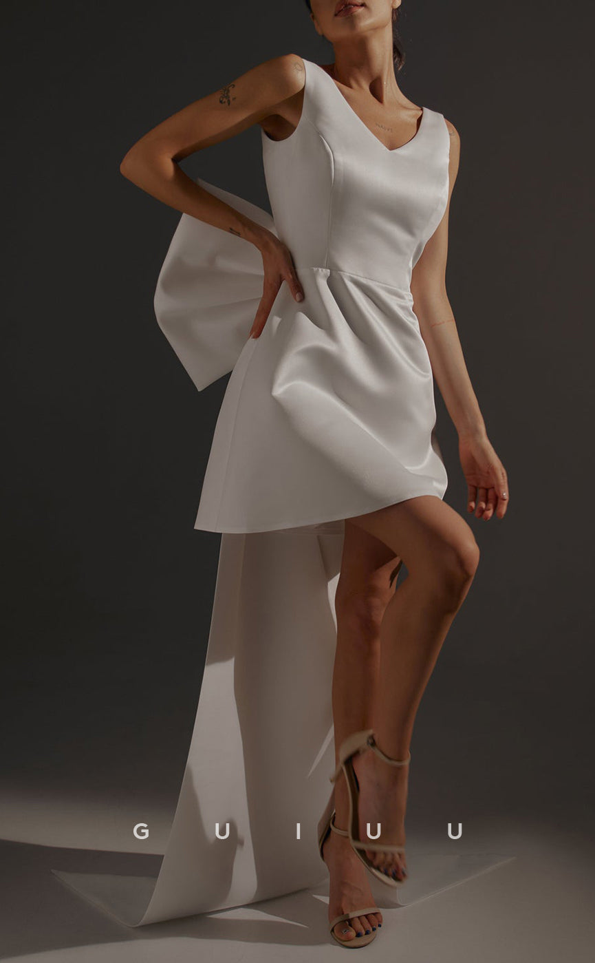 GH749 - Simple & Casual A-Line V-Neck Satin Short Homecoming Dresses With Bow