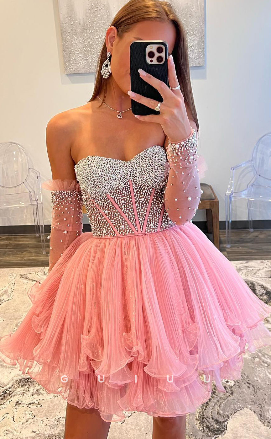 GH764 - Elegant & Luxurious Off-Shoulde Beaded Tulle Ball Gown Homecoming Dresses