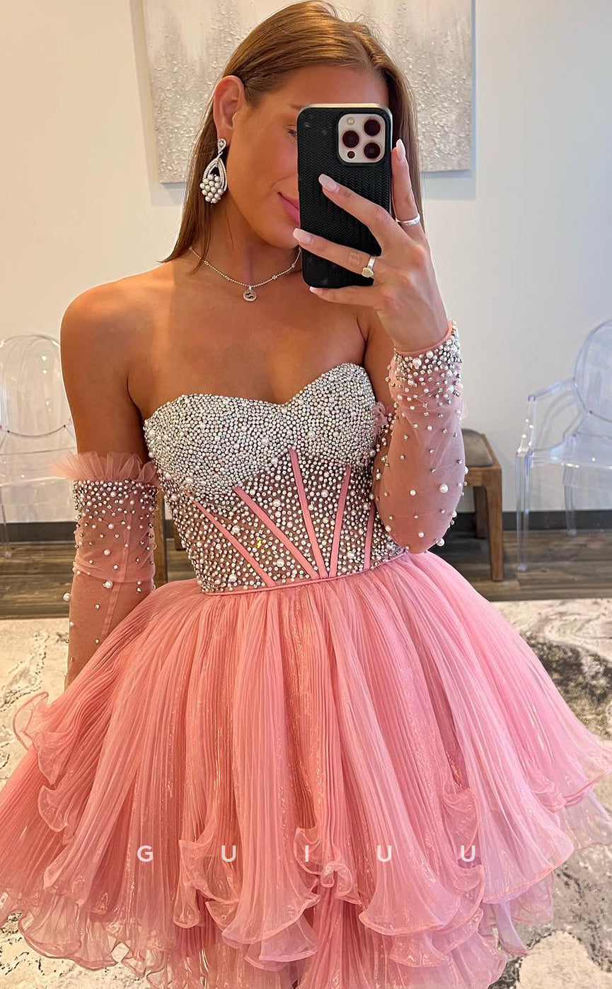 GH764 - Elegant & Luxurious Off-Shoulde Beaded Tulle Ball Gown Homecoming Dresses