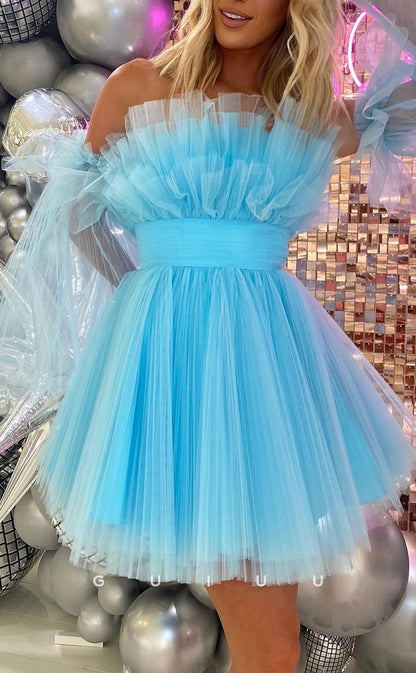 GH803 - Off-Shoulder Tulle Ball Gown Homecoming Party Dress With Puff Sleeves