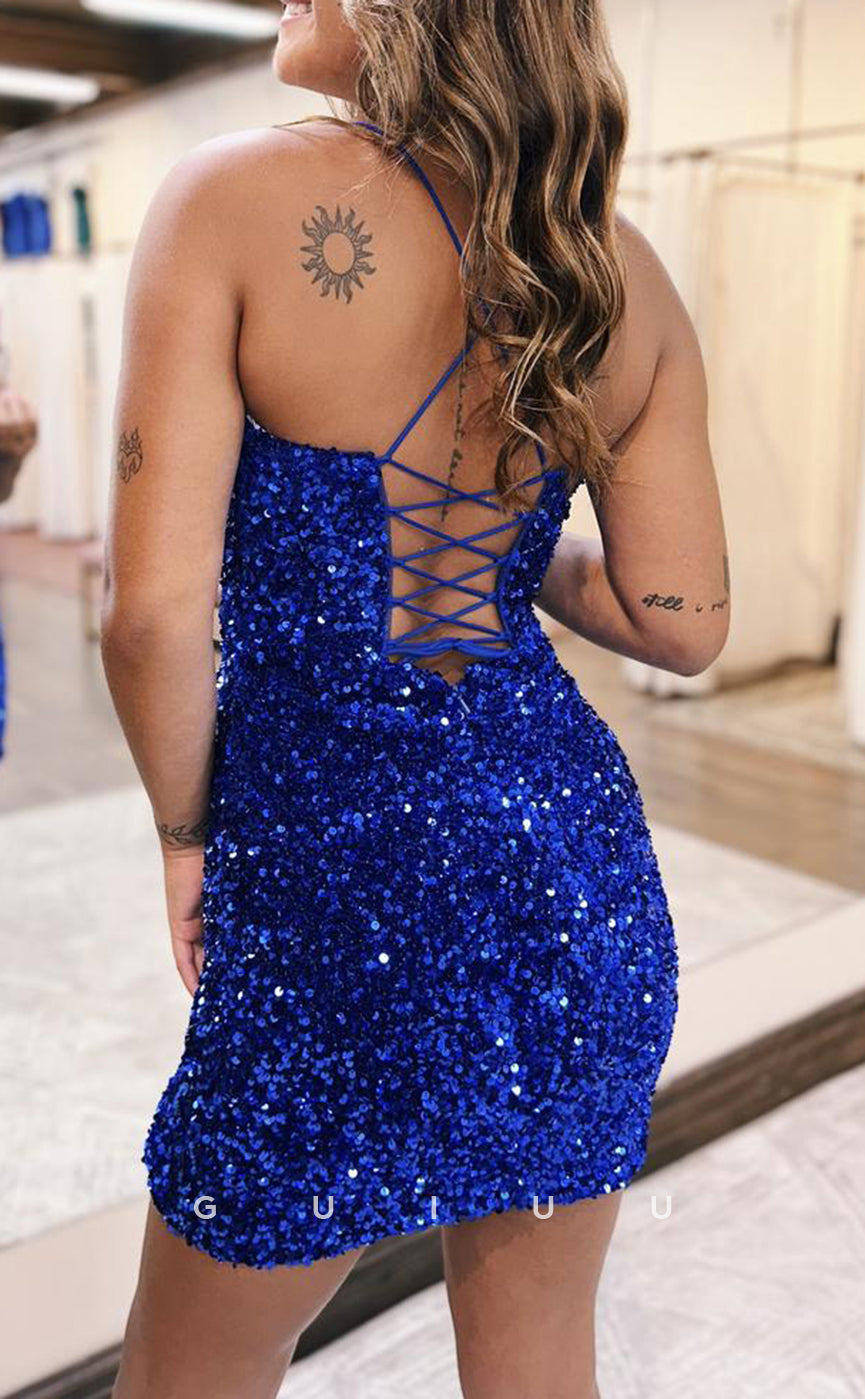 GH809 - Chic & Modern V-Neck Sequins Glitter Short Mini Homecoming Party Dress