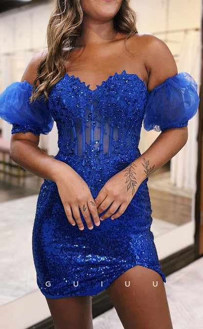 GH821 - Chic & Modern Off-Shoulder Applique Sheer Short Mini Homecoming Party Dress