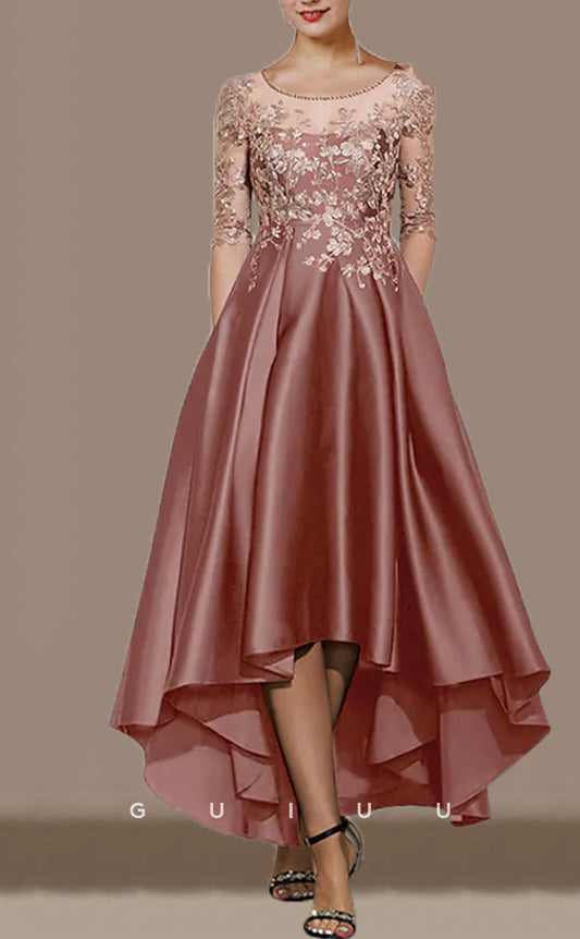 GM702 - Classic & Timeless A-Line Round Half Sleeves Appliques High Low Tea-Length Mother of the Bride Dress