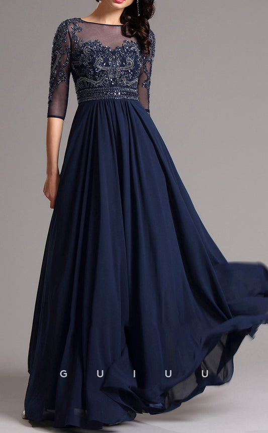 GM704 - Classic & Timeless A-Line Paneled Bateau Beaded Half Sleeves Floor-Length Draped Mother of the Bride Dress