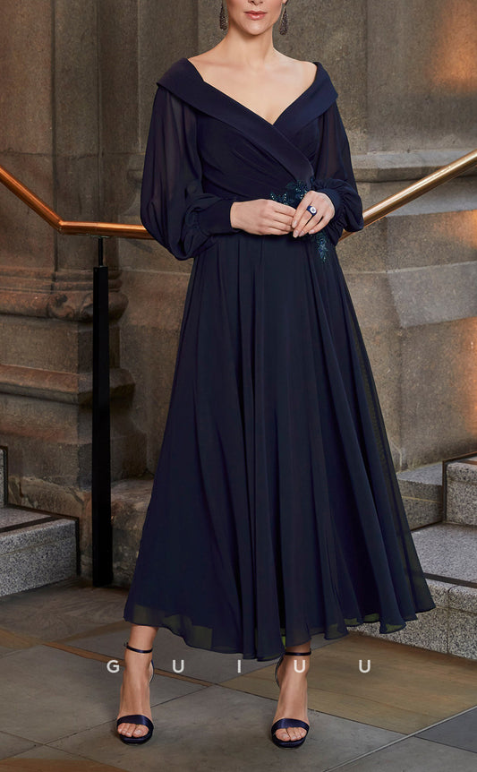 GM707 - Elegant & Classic A-Line V-Neck Long Bell Sleeves Ankle-Length Draped Mother of the Bride Dress