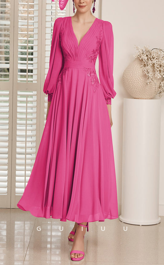 GM721 - Elegant & Modern A-Line V-Neck Long Lantern Sleeves Draped Ankle-Length Mother of the Bride Dress