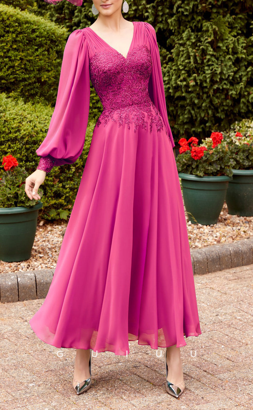 GM724 - Chic & Modern A-Line V-Neck Long Lantern Sleeves Lace Ankle-Length Mother of the Bride Dress