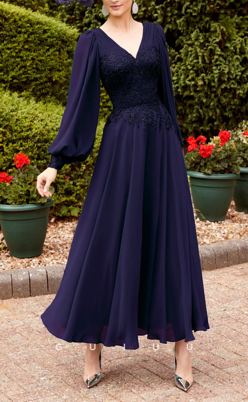 GM724 - Chic & Modern A-Line V-Neck Long Lantern Sleeves Lace Ankle-Length Mother of the Bride Dress