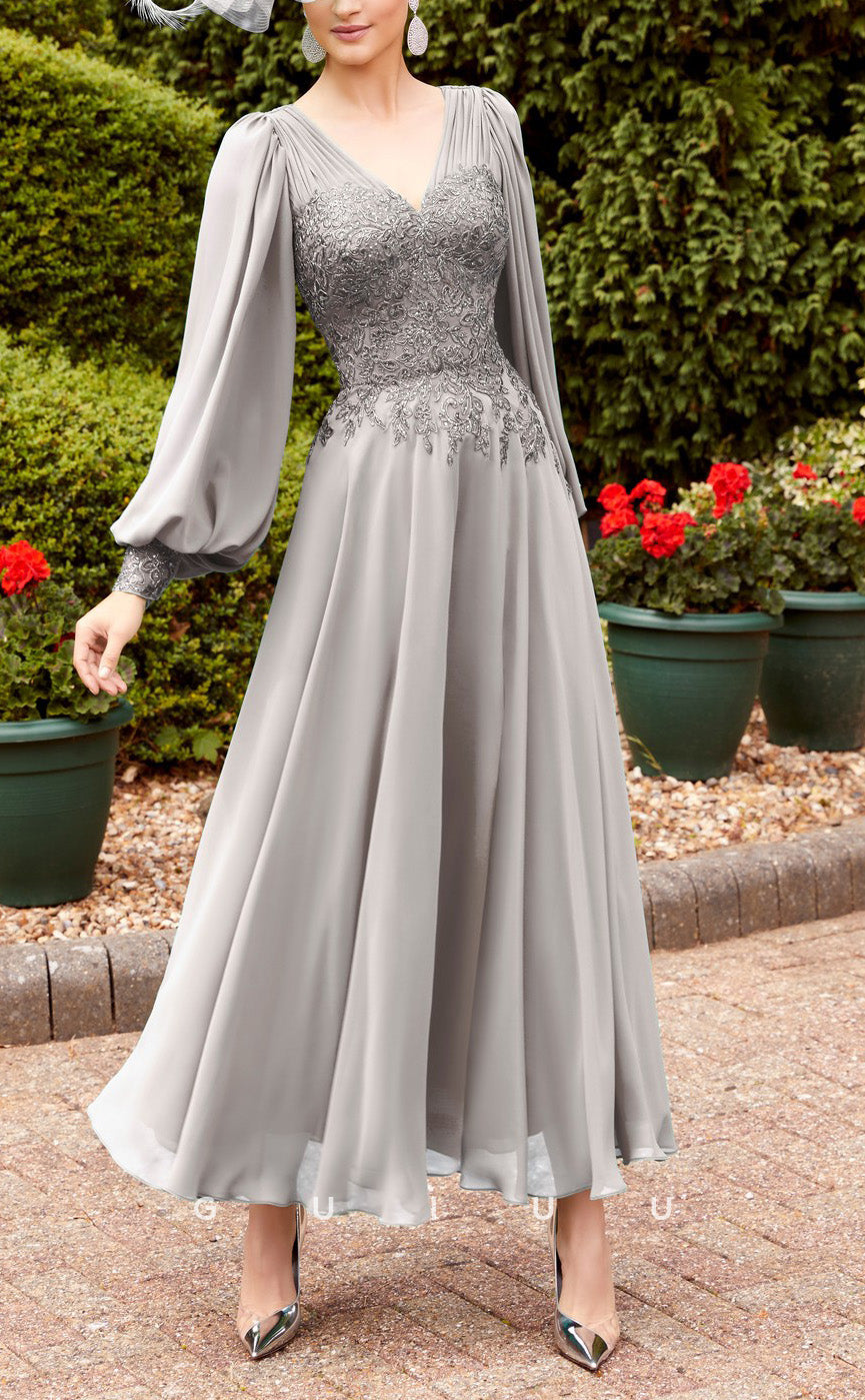 GM724 - Chic & Modern A-Line V-Neck Long Lantern Sleeves Lace Ankle-Length Mother of the Bride Dress