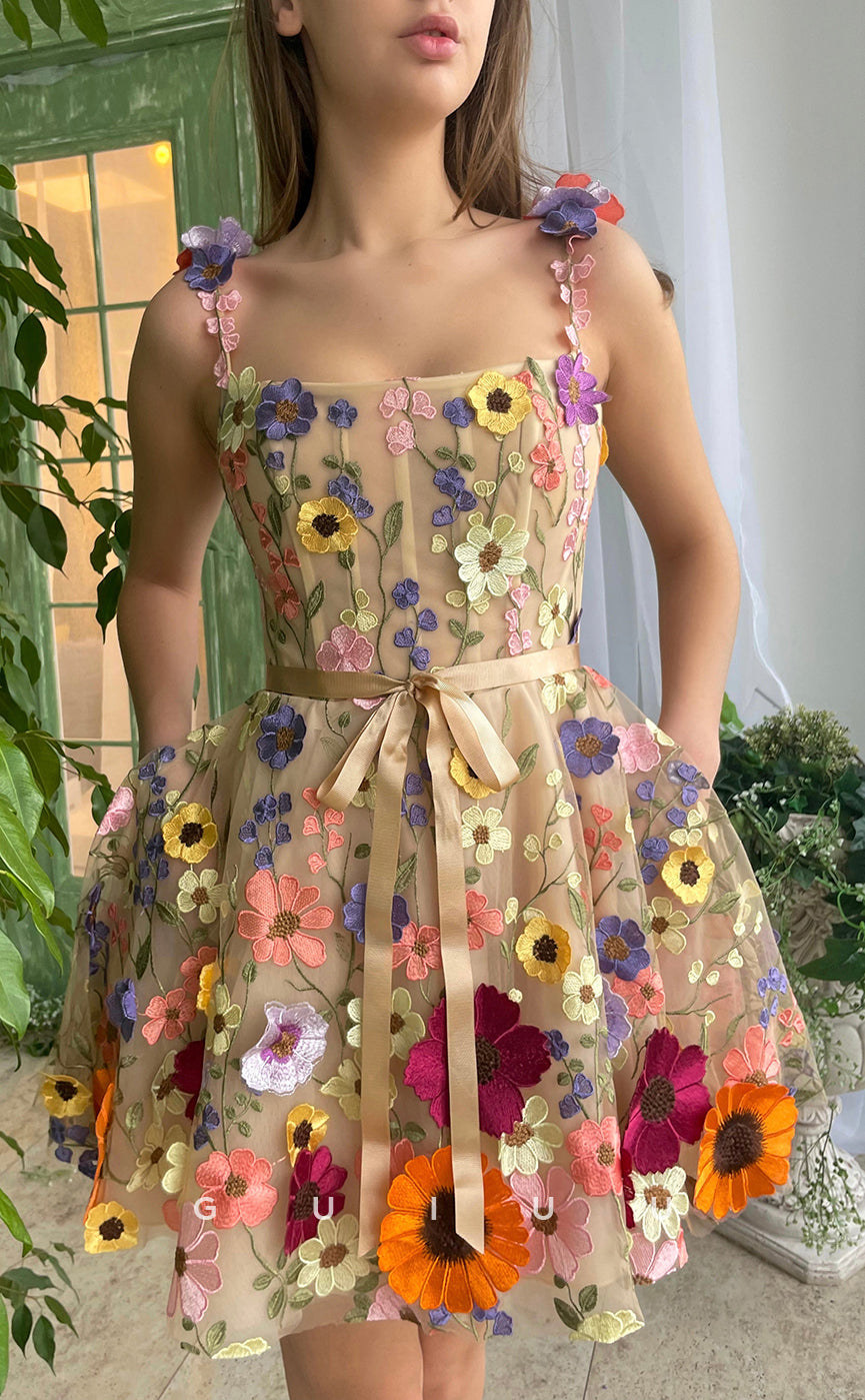GH416 - A Line Scoop 3D Lace Vintage Homecoming Dress with Pockets