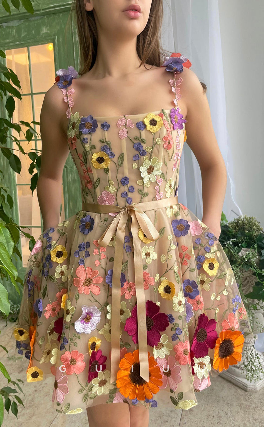 GH416 - A Line Scoop 3D Lace Vintage Homecoming Dress with Pockets