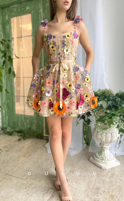 GH416 - A Line Scoop 3D Lace Vintage Homecoming Dress with Pockets