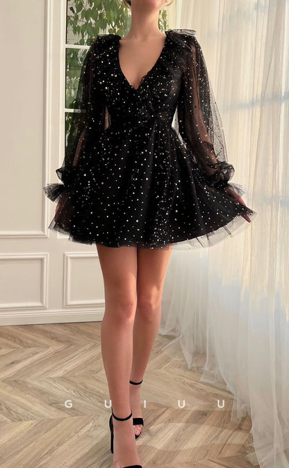 GH407 - A Line V Neck Long Sleeves Vintage Short Homecoming Dress