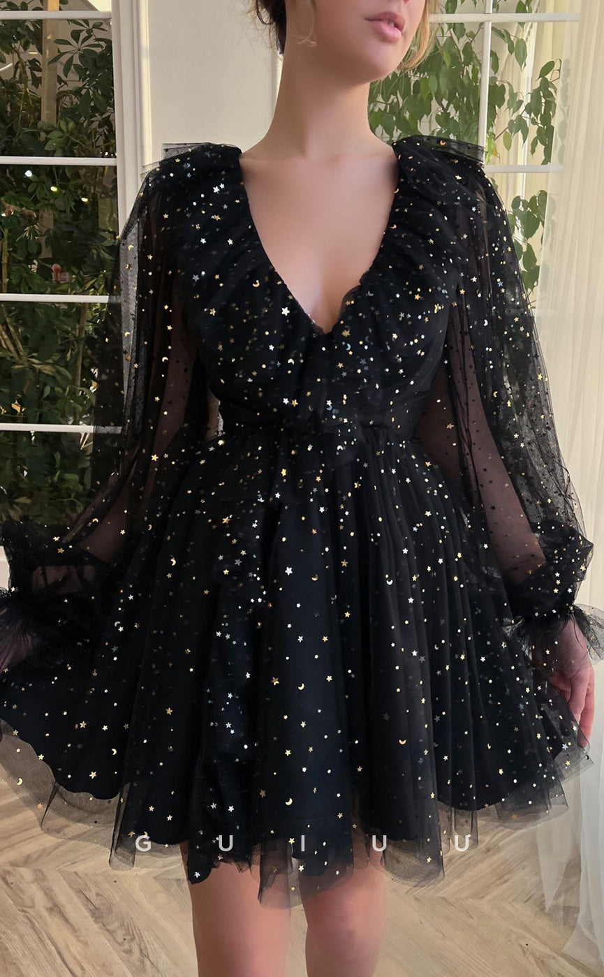 GH407 - A Line V Neck Long Sleeves Vintage Short Homecoming Dress